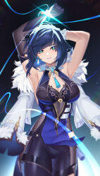 Rule 34 | 1girl, absurdres, armpits, arms up, bare shoulders, black pants, blue hair, bracelet, breasts, cleavage, commentary request, cowboy shot, earrings, fur-trimmed jacket, fur trim, genshin impact, green eyes, highres, jacket, jewelry, large breasts, leggings, pants, purple lips, short hair, sleeveless, solo, standing, thighs, white jacket, yelan (genshin impact), ymmy203203