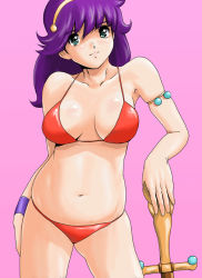 Rule 34 | 1girl, aqua eyes, armband, bikini, breasts, female focus, hairband, large breasts, leaning, long hair, looking at viewer, pink background, princess athena, purple hair, shu-z, simple background, smile, snk, solo, swimsuit, sword, the king of fighters, weapon, wristband