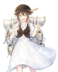 Rule 34 | 1girl, backpack, bag, blue eyes, brown hair, brown hat, chizu (fiute), cowboy shot, dress, hair between eyes, hat, hat feather, index finger raised, looking at viewer, octopath traveler, octopath traveler i, open mouth, short hair, short sleeves, simple background, smile, solo, tressa (octopath traveler), vest, white background