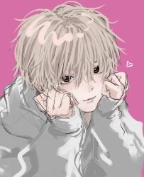 Rule 34 | absurdres, artist request, blonde hair, brown eyes, grey sweater, hands on own cheeks, hands on own face, heart, highres, imai akira, male focus, messy hair, original, pink background, sweater