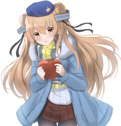 Rule 34 | 1girl, beret, black pantyhose, blue coat, blue hat, box, brown eyes, brown skirt, coat, hat, headgear, heart-shaped box, highres, holding, johnston (kancolle), kantai collection, light brown hair, long hair, multicolored clothes, multicolored scarf, official alternate costume, one-hour drawing challenge, pantyhose, pleated skirt, redundant-cat, ribbed sweater, scarf, simple background, skirt, solo, sweater, two side up, white background, white sweater