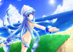 Rule 34 | 1girl, animal hat, ass, back, beach, blue eyes, blue hair, blush, bracelet, breasts, cloud, day, fijimoto akio, from behind, fujimoto akio, grass, hat, ikamusume, jewelry, lens flare, long hair, looking back, matching hair/eyes, nude, ocean, outdoors, outstretched arms, public indecency, public nudity, shinryaku! ikamusume, sky, small breasts, solo, spread arms, standing, sun, tentacle hair, tentacles, very long hair, water, wind