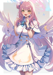 Rule 34 | 1girl, :d, absurdres, angel wings, blue archive, capelet, commentary request, dress, feathered wings, flower, frilled dress, frills, hair bun, hair flower, hair ornament, hair scrunchie, halo, highres, index finger raised, long hair, looking at viewer, mika (blue archive), muo (muojjang 0929), one side up, open mouth, parted bangs, pink hair, scrunchie, sidelocks, simple background, single side bun, smile, solo, two-tone background, white capelet, white dress, white wings, wings, wrist scrunchie, yellow eyes