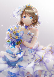 Rule 34 | 1girl, absurdres, armlet, blue bow, blue eyes, blue flower, blue rose, bouquet, bow, brown hair, choker, closed mouth, collarbone, cowboy shot, diadem, dress, earrings, flower, gradient background, grey background, highres, holding, holding bouquet, jewelry, konro kai, layered dress, love live!, love live! sunshine!!, purple flower, purple rose, rose, short hair, sleeveless, sleeveless dress, smile, solo, standing, strapless, strapless dress, striped, striped bow, swept bangs, watanabe you, wedding dress, white bow, white dress, white flower
