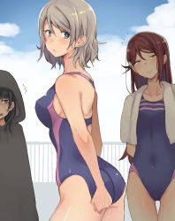 Rule 34 | 10s, 3girls, adjusting clothes, adjusting swimsuit, ass, bare shoulders, blue eyes, blue hair, blue one-piece swimsuit, blush, breasts, cloak, closed mouth, cloud, commentary request, competition swimsuit, covered navel, covering ass, covering privates, day, from behind, grey hair, highres, indo curry, long hair, looking back, love live!, love live! sunshine!!, medium breasts, multiple girls, one-piece swimsuit, outdoors, parted lips, purple eyes, red hair, sakurauchi riko, shiny skin, short hair, sky, smile, standing, swimsuit, towel, tsushima yoshiko, watanabe you, wet, yellow eyes