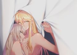Rule 34 | 2girls, aqua eyes, artoria pendragon (fate), artoria pendragon (lancer) (fate), blanket, blonde hair, braid, grabbing another&#039;s breast, breasts, clenched hand, collarbone, couple, eyes visible through hair, fate/grand order, fate (series), female focus, grabbing, green eyes, hair between eyes, hair down, hand up, incest, large breasts, long hair, looking at viewer, looking back, morgan le fay (fate), multiple girls, neck, nude, parted lips, shiny skin, siblings, silver hair, sisters, smile, staring, type-moon, upper body, very long hair, yorukun, yuri
