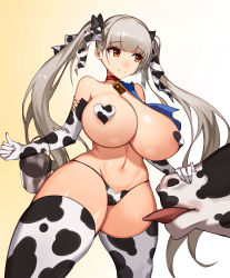 Rule 34 | 1girl, absurdres, animal print, azur lane, bare shoulders, bell, breasts, brown eyes, bucket, cleavage, collar, cow, cow girl, cow print, cowbell, elbow gloves, formidable (azur lane), gloves, grey hair, hair ribbon, heart pasties, highres, holding, holding bucket, huge breasts, imminent cunnilingus, imminent penetration, imminent vaginal, long hair, looking at viewer, neck bell, pasties, ribbon, solo, thighhighs, twintails, yeong r6