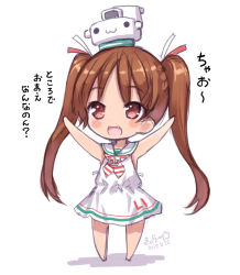 Rule 34 | 10s, 1girl, :3, alternate skin color, arms up, bare arms, blush stickers, chibi, chibi on head, dress, fang, hair ribbon, kantai collection, kiira, libeccio (kancolle), long hair, neckerchief, on head, open mouth, red eyes, ribbon, school uniform, serafuku, simple background, sleeveless, sleeveless dress, smile, solid circle eyes, solo, striped neckerchief, translated, twintails, very long hair