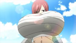 Rule 34 | 1girl, bandaged arm, bandages, bandages around chest, breasts, erza scarlet, fairy tail, highres, huge breasts, long hair, looking at viewer, navel, red hair, red wizard (artist), scar, screencap, sky, solo, stomach, third-party edit