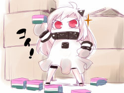 Rule 34 | 10s, 1girl, abyssal ship, ahoge, bare shoulders, blush, box, cardboard box, dress, hishimochi, horns, isshitaira, kantai collection, mittens, northern ocean princess, pale skin, red eyes, single horn, sketch, solo, sparkle, strapless, strapless dress, white dress, white hair