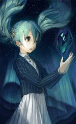 Rule 34 | 1girl, aurora, bad id, bad pixiv id, blazer, crystal, faux traditional media, floating, floating hair, floating object, hair ornament, hatsune miku, jacket, kitada mo, long hair, long sleeves, solo, striped, twintails, vertical stripes, vocaloid