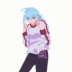 Rule 34 | 1girl, ahoge, black pants, blue eyes, blue hair, clenched hands, female focus, hair between eyes, hair bun, highres, kazi buns, long sleeves, looking at viewer, pants, shirt, single hair bun, solo, vivy, vivy: fluorite eye&#039;s song, white background, white shirt