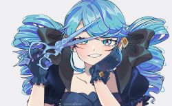Rule 34 | 1girl, artist name, blue eyes, blue hair, blush, bow, collarbone, drill hair, frilled gloves, frills, gloves, grin, gwen (league of legends), hair bow, hairband, hand on own cheek, hand on own face, highres, holding, holding scissors, isosceless, league of legends, long hair, oversized object, puffy short sleeves, puffy sleeves, scar, scissors, short sleeves, smile, smirk, solo, teeth, twin drills