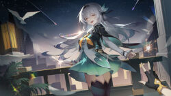 Rule 34 | 1boy, 1girl, absurdres, aqua skirt, bird, black hairband, black jacket, black thighhighs, caelus (honkai: star rail), chinese commentary, cityscape, closed eyes, commentary request, cropped jacket, dove, facing viewer, firefly (honkai: star rail), fireworks, gold trim, hairband, highres, holding, holding fireworks, honkai: star rail, honkai (series), jacket, long hair, madao, open mouth, pleated skirt, pov, pov hands, shirt, skirt, sky, smile, solo focus, star (sky), starry sky, thighhighs, trailblazer (honkai: star rail), twilight, two side up, white hair, white shirt