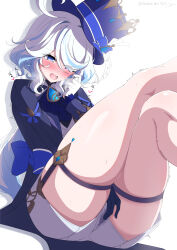 Rule 34 | 1girl, ascot, asymmetrical gloves, back bow, black gloves, blue ascot, blue bow, blue brooch, blue eyes, blue hair, blue hat, blue jacket, blush, bow, brooch, cowlick, cropped legs, crossed legs, drop-shaped pupils, female masturbation, fingering, fingering through clothes, furina (genshin impact), genshin impact, gloves, hand up, hat, hat bow, hat feather, heart, heterochromia, highres, jacket, jewelry, kodona, lolita fashion, long hair, long sleeves, masturbation, mismatched gloves, multicolored hair, namamii, open mouth, ponytail, pussy juice, pussy juice stain, shorts, simple background, sitting, smile, solo, streaked hair, sweat, symbol-shaped pupils, thick thighs, thigh strap, thighs, through clothes, top hat, twitter username, white background, white gloves, white hair, white shorts