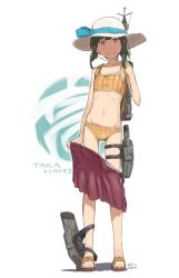 Rule 34 | 10s, 1girl, bikini, brown eyes, clothes pull, dated, full body, green hair, hat, kantai collection, kawashina (momen silicon), machinery, plaid, plaid bikini, sandals, short hair, simple background, skirt, solo, standing, sun hat, swimsuit, takanami (kancolle), white background