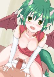 Rule 34 | artist request, blush, breasts, censored, draco centauros, green eyes, green hair, highres, horns, large breasts, madou monogatari, monster girl, nipples, penis, pointy ears, pussy, puyopuyo, sex, smile, tail, wings