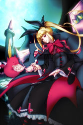 Rule 34 | 1girl, :3, arc system works, avelixir, bad id, bad pixiv id, bat (animal), bat wings, blazblue, blonde hair, bow, castle, cat, cup, frills, gii, gothic lolita, hair ribbon, highres, lolita fashion, long hair, nago, rachel alucard, red bow, red eyes, ribbon, solo, tea, teacup, twintails, wings