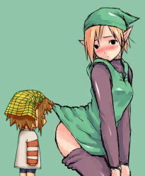 Rule 34 | 2girls, blonde hair, blush, breasts, brown hair, clothes lift, clothes pull, dress, elf, flower, futaba channel, genderswap, genderswap (mtf), hat, lily of the valley, link, lowres, multiple girls, nintendo, oekaki, pantyhose, pantyhose pull, pointy ears, short hair, skirt, skirt lift, small breasts, suigetsu, the legend of zelda, tunic, waha skirt lift, yamato suzuran