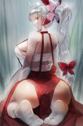 Rule 34 | 1girl, ahoge, alternate hairstyle, ass, ass focus, bow, breasts, curvy, fujiwara no mokou, full body, grey hair, hair bow, highres, large breasts, long hair, looking at viewer, looking back, mang zhu, ponytail, red bow, red eyes, seiza, shirt, sitting, socks, solo, suspenders, tabi, thighs, touhou, white shirt, white socks