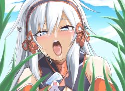 Rule 34 | 1girl, 1other, blue eyes, blush, day, grass, highres, jewelry, kirin (armor), long hair, monster hunter (series), necklace, niwaka potato, open mouth, outdoors, saliva, size difference, teeth, vore, white hair