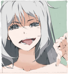 Rule 34 | 1girl, grey eyes, grey hair, highres, justminor, open mouth, original, solo, teeth, thumbs down, tongue, tongue out, white background