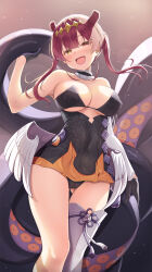 Rule 34 | 1girl, :d, black dress, black gloves, black panties, blush, breasts, cleavage, commentary request, cosplay, covered navel, dress, fang, feathered wings, gloves, gluteal fold, hair between eyes, hairband, heterochromia, highres, hololive, hololive english, houshou marine, large breasts, long hair, low wings, mk (mod0), ninomae ina&#039;nis, ninomae ina&#039;nis (1st costume), ninomae ina&#039;nis (cosplay), open mouth, panties, red eyes, single sleeve, single thighhigh, smile, solo, standing, strapless, strapless dress, tail, tentacles, thighhighs, tube dress, twintails, underwear, virtual youtuber, white sleeves, wings, yellow eyes