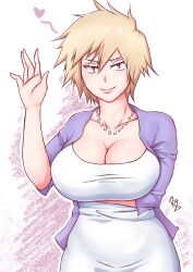 Rule 34 | 1girl, absurdres, arm under breasts, bakugou mitsuki, blonde hair, boku no hero academia, breasts, cleavage, hand up, highres, jewelry, large breasts, looking at viewer, mature female, necklace, redzone art, smile, solo