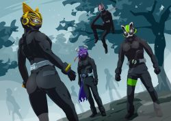Rule 34 | 1girl, 3boys, 3others, ass, black footwear, black gloves, bodysuit, buffalo, cat, clenched hands, commentary request, compound eyes, dreadlocks, entry form, everyone, forest, fox, gloves, highres, horns, in tree, kamen rider, kamen rider buffa, kamen rider geats, kamen rider geats (series), kamen rider na-go, kamen rider tycoon, long hair, mask, multiple boys, multiple others, nature, otokamu, purple hair, scarf, sitting, sitting in tree, tanuki, tree, white scarf, wrapping, wrist cuffs