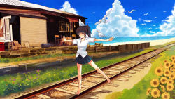 Rule 34 | 1girl, animal, animal on head, balancing, barefoot, beach, bird, bird on head, black hair, blue eyes, cloud, day, female focus, flower, furai, highres, legs, long hair, nature, ocean, on head, open mouth, original, outdoors, outstretched arms, plant, ponytail, railroad tracks, revision, scenery, skirt, sky, smile, solo, spread arms, standing, standing on one leg, sunflower, tiptoes