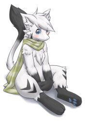Rule 34 | 1boy, animal ear fluff, animal ears, animal feet, barefoot, between legs, black fur, blue eyes, blush, borrowed character, closed mouth, full body, furry, furry male, green scarf, hand between legs, highres, kame (3t), legs, looking at viewer, male focus, original, own hands together, pawpads, scarf, short hair, simple background, sitting, snout, solo, spread legs, tail raised, thighs, two-tone fur, white background, white fur, white hair, white theme
