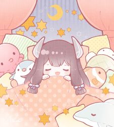 Rule 34 | 1girl, bed, black hair, blanket, blush, canopy bed, chibi, commission, hair ribbon, highres, i-47 (kancolle), kantai collection, long hair, lying, nada namie, on back, open mouth, pillow, ribbon, signature, simple background, skeb commission, sleeping, solo, star (symbol), stuffed animal, stuffed dolphin, stuffed fish, stuffed octopus, stuffed penguin, stuffed toy, tress ribbon