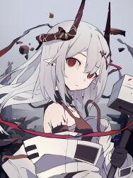 1girl arknights debris gloves grey_hair hammer highres holding holding_hammer holding_weapon horns jta4 jumpsuit long_hair looking_at_viewer looking_to_the_side mudrock_(arknights) mudrock_(elite_ii)_(arknights) pale_skin pointy_ears red_eyes red_horns sledgehammer solo upper_body weapon