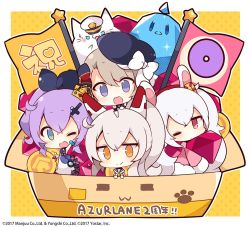 Rule 34 | 4girls, :3, :d, ;d, = =, animal ears, ayanami (azur lane), azur lane, beret, black headwear, black ribbon, black skirt, black sleeves, blue eyes, blue sailor collar, blush, bow, box, brown eyes, brown hair, car, cardboard box, chibi, closed mouth, commentary request, copyright name, copyright notice, detached sleeves, flag, gem, gloves, green eyes, grey hair, hair ornament, hair ribbon, hairband, hat, hat bow, in box, in container, jacket, javelin (azur lane), laffey (azur lane), long hair, long sleeves, meowfficer (azur lane), military hat, motor vehicle, multiple girls, muuran, official art, one eye closed, open mouth, peaked cap, pink jacket, pleated skirt, ponytail, purple hair, rabbit ears, red eyes, red gemstone, red hairband, ribbon, sailor collar, shirt, single glove, skirt, sleeveless, sleeveless shirt, sleeves past fingers, sleeves past wrists, smile, striped, striped bow, sweat, twintails, very long hair, watermark, white bow, white gloves, white hair, white headwear, white shirt, z23 (azur lane)