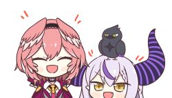 Rule 34 | 2girls, :d, ^ ^, achilles (yosshyachillesd), animal, animal on head, bird, bird on head, blush stickers, chibi, closed eyes, crow (la+ darknesss), fangs, head wings, height difference, highres, hololive, holox, horns, la+ darknesss, multiple girls, on head, open mouth, pink hair, pointy ears, smile, striped horns, takane lui, takane lui (1st costume), virtual youtuber, white background, white hair, wings, yellow eyes