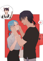 Rule 34 | 1boy, 1girl, anger vein, animal ears, black shirt, black skirt, blue hair, blush, cat ears, closed eyes, collared shirt, crossdressing, facial hair, facing another, fake animal ears, goatee stubble, grey pants, hand on another&#039;s cheek, hand on another&#039;s face, highres, holding another&#039;s wrist, long hair, looking at another, mads ez, maid, male maid, orange eyes, original, pants, parted lips, ponytail, red bag, shirt, short sleeves, skirt, smile, spoken anger vein, stubble, upper body, white shirt
