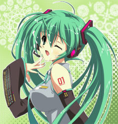 Rule 34 | 1girl, breasts, covered erect nipples, cum, cum on hair, detached sleeves, facial, green eyes, green hair, hatsune miku, headset, long hair, matching hair/eyes, one eye closed, small breasts, solo, suzui narumi, twintails, vocaloid, wink