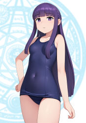 Rule 34 | 1girl, blue one-piece swimsuit, blunt bangs, breasts, covered navel, cowboy shot, fern (sousou no frieren), half updo, hand on own hip, highres, long hair, looking at viewer, magic circle, neopure, old school swimsuit, one-piece swimsuit, purple eyes, purple hair, school swimsuit, small breasts, solo, sousou no frieren, swimsuit