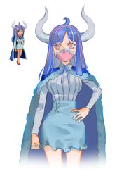 Rule 34 | 1girl, ahoge, blue cape, blue hair, blue skirt, cape, clenched hand, collared shirt, covered mouth, curled horns, dinosaur girl, hand on own hip, horns, jewelry, long hair, mask, mouth mask, multicolored hair, necklace, one piece, pink eyes, pink hair, pink mask, raine (acke2445), reference inset, shirt, skirt, solo, streaked hair, ulti (one piece), white shirt