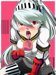Rule 34 | 1girl, android, artificial vagina, blue hair, breasts, female focus, hair between eyes, highres, holding, joints, labrys (persona), long hair, looking at viewer, mechanical arms, mechanical parts, meteorreb0rn, open mouth, persona, persona 4, persona 4: the ultimate in mayonaka arena, pinky out, ponytail, red eyes, robot, robot joints, saliva trail, school uniform, sex toy, skirt, solo, teeth, tongue, tongue out, upper body, upper teeth only, uvula