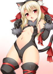 Rule 34 | 1girl, animal ears, bare shoulders, black gloves, black leotard, blush, breasts, cameltoe, cat ears, cat tail, center opening, dangerous beast (illya), elbow gloves, fate/kaleid liner prisma illya, fate (series), fur collar, gloves, gradient background, hair between eyes, hair ribbon, hip focus, illyasviel von einzbern, leotard, long hair, looking at viewer, navel, official alternate costume, open mouth, paw pose, red eyes, red ribbon, ribbon, small breasts, solo, tail, thighhighs, toshishikisai, white hair