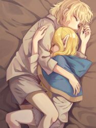 Rule 34 | 2girls, blonde hair, blue capelet, capelet, closed eyes, collared shirt, commentary, cuddling, doki (oox3o), dungeon meshi, elf, falin touden, falin touden (tallman), from above, highres, long hair, long sleeves, lying, marcille donato, multiple girls, on bed, on side, pointy ears, shirt, short hair, shorts, sleeping, white shirt, white shorts, yuri