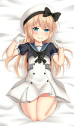 Rule 34 | 1girl, bed sheet, beret, black bow, black shirt, blonde hair, blue eyes, blush, bow, closed mouth, commentary request, dress, gloves, hair between eyes, hanazome dotera, hands up, hat, hat bow, highres, jervis (kancolle), kantai collection, long hair, looking at viewer, lying, on back, pleated dress, puffy short sleeves, puffy sleeves, shirt, short sleeves, smile, solo, very long hair, white dress, white gloves, white hat