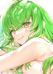 Rule 34 | 1girl, absurdres, bare arms, bare shoulders, blush, breasts, c.c., code geass, face, green hair, highres, kou mashiro, long hair, looking at viewer, sideboob, smile, solo, yellow eyes