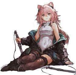 Rule 34 | 1girl, absurdres, animal ears, arknights, bare shoulders, brown eyes, earpiece, gravel (arknights), highres, holding, holding weapon, jacket, long hair, mouse ears, mouse girl, off shoulder, parted lips, pink hair, short sword, sitting, sleeveless, solo, sword, thighhighs, weapon, yanyan (shinken gomi)