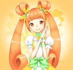 Rule 34 | 1girl, bow, brown eyes, brown hair, choker, cure rosetta, dokidoki! precure, double bun, dress, earrings, flower, hair flower, hair ornament, jewelry, lips, long hair, magical girl, mogggggge, orange background, own hands clasped, own hands together, precure, puffy sleeves, ribbon, rose, short sleeves, smile, solo, twintails, waist bow, wrist cuffs, yotsuba alice