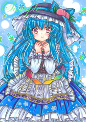 Rule 34 | 1girl, apron, back bow, black hat, blue background, blue bow, blue hair, blue skirt, blush, bow, brooch, closed mouth, food, frilled apron, frilled bow, frilled hat, frilled skirt, frills, fruit, green brooch, hat, hinanawi tenshi, jewelry, leaf, long hair, long skirt, long sleeves, looking at viewer, marker (medium), neck ribbon, peach, purple eyes, rainbow order, red ribbon, ribbon, rui (sugar3), sample watermark, skirt, smile, solo, touhou, traditional media, waist apron, watermark