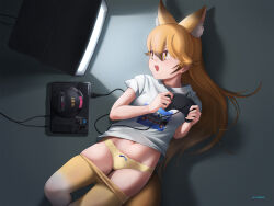 Rule 34 | 1girl, animal ears, beleven, blonde hair, bow, bow panties, breasts, controller, crt, extra ears, ezo red fox (kemono friends), fox ears, fox tail, game console, game controller, hair between eyes, highres, kemono friends, long hair, lying, medium breasts, on back, open mouth, panties, pantyhose, sega mega drive, shirt, smile, solo, tail, underwear