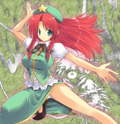 Rule 34 | 1girl, braid, breasts, china dress, chinese clothes, dress, embodiment of scarlet devil, female focus, green eyes, hat, hong meiling, long hair, nirap, panties, red hair, smile, solo, touhou, twin braids, underwear