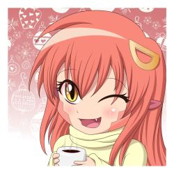 Rule 34 | 10s, 1girl, :d, border, chibi, christmas, coffee, coffee mug, cup, eyebrows, fang, hair ornament, hairclip, highres, lamia, long hair, miia (monster musume), monster girl, monster musume no iru nichijou, mug, one eye closed, open mouth, pointy ears, portrait, red hair, slit pupils, smile, solo, staticwave, steam, sweater, turtleneck, white border, yellow eyes